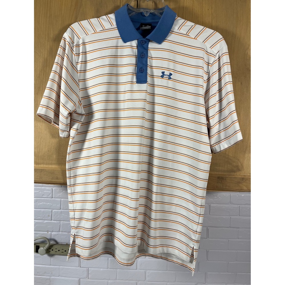 Under Armour Polo Shirt Mens Medium White Orange Striped‎ Short Sleeve Golf Top